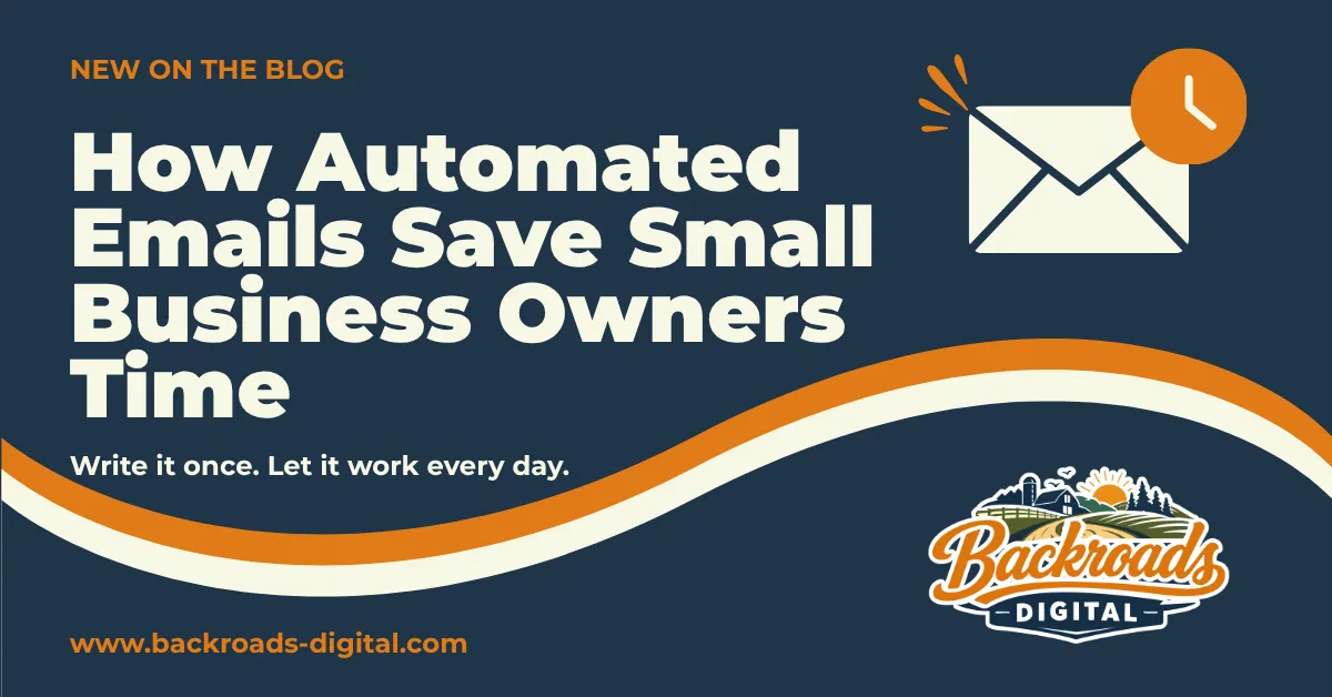 Blog cover reading How Automated Emails Save Small Business Owners Time, with an envelope and clock icon and the line Write it once. Let it work every day.