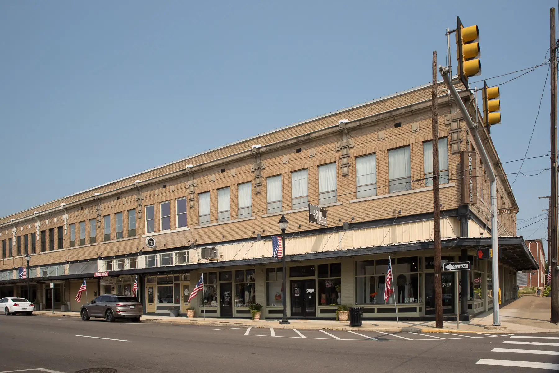 A two-story brick block in downtown Paris, Texas
