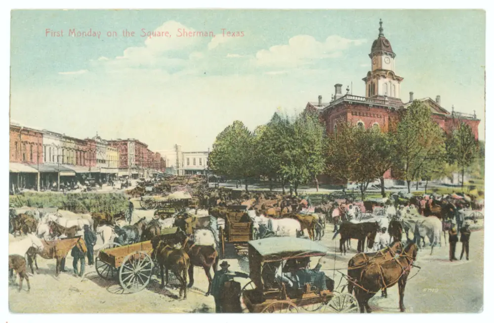 Wagons and horses crowd the courthouse square in Sherman, Texas, on a postcard from around 1905