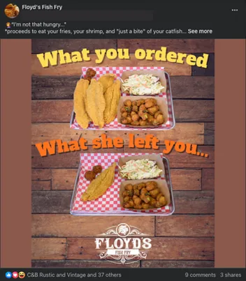A Floyd's Fish Fry post comparing a full plate of fried fish and sides, labeled What you ordered, with a nearly empty plate labeled What she left you.